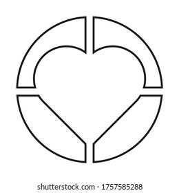 Vector drawing heart in a circle crossed by stripes, contour color black
