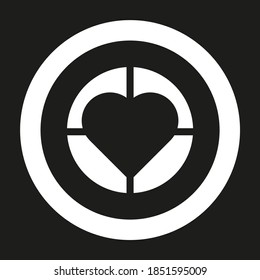 Vector drawing heart in a circle crossed by stripes, silhouette color white