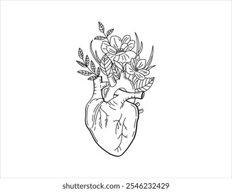 Vector drawing of heart and flowers