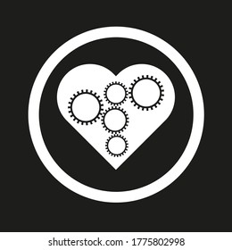 Vector drawing heart with gears of large and small sizes, color white flat style