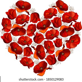 Vector drawing of a heart made from bright red poppy flowers. Perfect for a greeting card