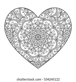 Vector drawing of a heart with a mandala pattern. Isolated on white background. Valentine's Day.