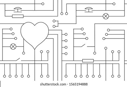 Vector drawing heart postcard for Valentine's day, original electrical circuit of Love