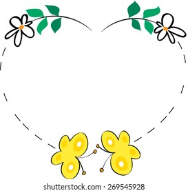 vector drawing heart shape border with flowers and yellow butterfly