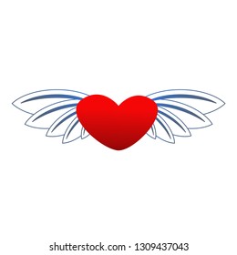 Vector drawing heart with wings, color red flat style