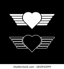 Vector drawing heart with wings, silhouette and contour color white 