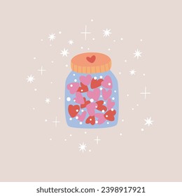 Vector drawing with hearts in a jar. Suitable for printing on T-shirts, Valentine's Day cards and more.