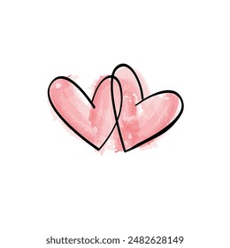 Vector drawing of hearts. Modern hand drawn, doodle and red pink watercolor style isolated on white background. Design element for birthday card, wedding card, sticker
