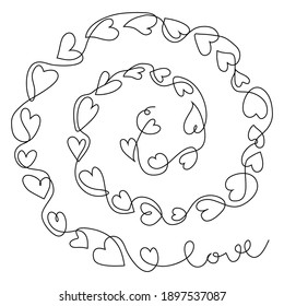 Vector drawing of hearts in one line, swirled in a spiral. Postcard, valentine, wedding, invitation, congratulation, sticker, banner, apology.