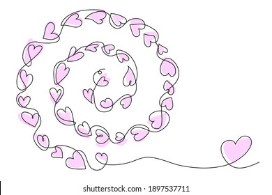 Dibujo vectorial de corazones en una línea, girado en una espiral. Postcard, valentine, boda, invitación, felicitación, sticker, banner, disculpa.