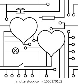 Vector drawing hearts Valentine's day greeting card, original Love electrical circuit