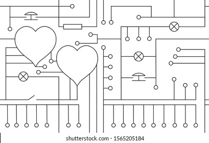 Vector drawing hearts Valentine's day greeting card, original Love electrical circuit