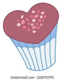 Vector drawing of heart-shaped chocolate brown cupcake in white liner with pink sprinkles on top. Romantic cartoon illustration for Valentine's Day, engagement, wedding.