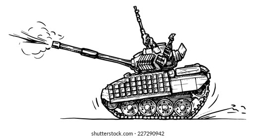 Vector drawing of heavy tank stylized as engraving in comics style