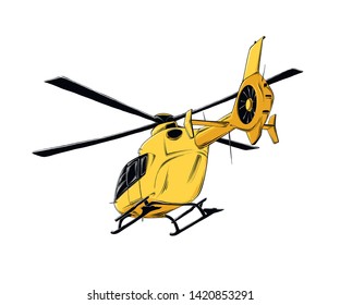 Vector drawing of helicopter in yellow color, isolated on white background. Drawing for posters, decoration and print. Vector illustration