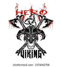 Vector drawing helmet, mask and fighting axes. Dead head. Skull of the fantastic Celtic warrior. Inscription - Viking and hero. Ancient Norman sacred symbol.Triskelion. Triskele.