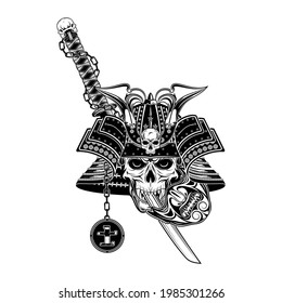 Vector drawing of a helmet, mask and sword ronin. Hieroglyph – samurai. Skull of the fantasy Samurai. Dead head. Japanese mythical demon warrior. Illustrations for t shirt print. Black tattoo.