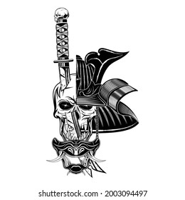 Vector drawing of a helmet, mask and sword Samurai. Skull of the fantasy warrior. Dead head. Japanese mythical demon. Illustrations for t shirt print. Black tattoo.