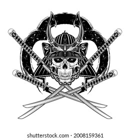 Vector drawing of a helmet, mask and sword ronin. Skull of the fantasy Samurai. Dead head. Japanese mythical demon warrior. Illustrations for t shirt print. Black tattoo.