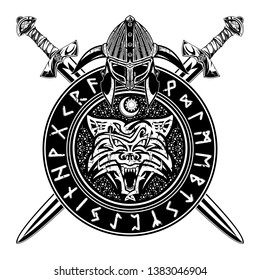Vector drawing helmet, mask and swords. Wolf symbol of Vikings. Inscription - runic alphabet.   Illustrations for t shirt print. Grung style.