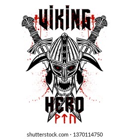 Vector drawing of a helmet and swords. Dead head. Skull of the fantastic Celtic warrior. Inscription - Viking and the hero. Runes: victory, fight, power. Illustrations for t shirt print.