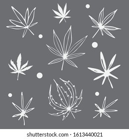 Vector drawing of hemp in the style of "Chalk on a blackboard." White linear image on a dark background. Decorative set of cannabis for sites, logo or social networks.