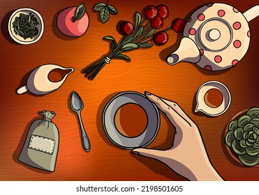 vector drawing herbal tea party, hand holding a cup, teapot and flowers on the table, top view, hand drawn illustration, cartoon style