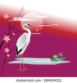 Vector drawing of a heron next to branches of a blossoming peach tree and lotuses in a pond on background of a dawn or sunset sky for design.