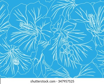 Vector drawing hibiscus flowers seamless background.