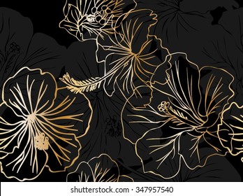 Vector drawing hibiscus flowers seamless background.