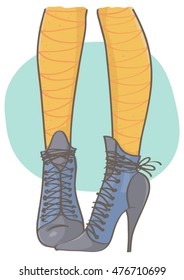 Vector drawing of high heel blue boots with yellow stockings. Legs with blue boots.