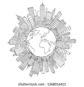 Vector drawing of high rise modern buildings covering globe or circle as representation of global civilization or business. Concept of financial sector and global economics.