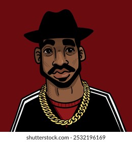 Desenho vetorial de um rapper de hip-hop com um chapéu e uma corrente de ouro em frente a um fundo vermelho. Perfeito para arte urbana, música, moda, capas de álbuns e projetos de roupas de rua. Estilo retrô com cores vibrantes f