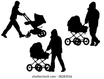Vector drawing his father with a baby carriage. Silhouettes on white background
