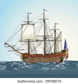 Vector drawing of a / Historic Ship / Easy to edit groups and layers whole ship is available beneath waves layer. Realistic sails and rigging.  