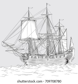 Vector drawing of a / Historic Ship Line art / Easy to edit groups and layers whole ship is available beneath waves layer. Realistic sails and rigging.  