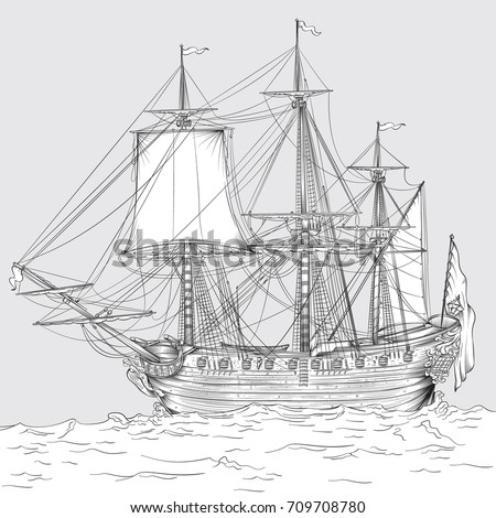 Vector Drawing Historic Ship Line Art Vector de stock (libre de