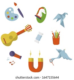 Vector drawing, hobby set, drawing, guitar, origami, sewing, singing, knitting, thread, handmade flat style on a white isolated background.