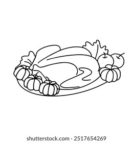 Vector drawing. Holiday Roast Turkey. Thanksgiving dish with apples and pumpkins. Design element on a white background. doodle