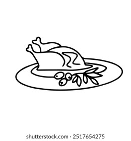 Vector drawing. Holiday Roast Turkey. Thanksgiving dish with olive branch. Design element on a white background. Doodle 