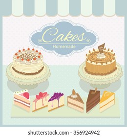 Vector drawing  home made cakes display in cafe&bakery shop. Blue pastel background colors,