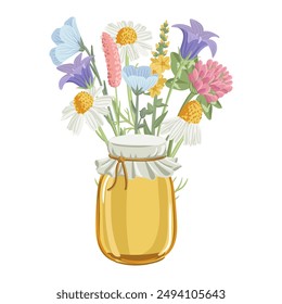 vector drawing honey glass jars and wid flowers isolated at white background, hand drawn illustration