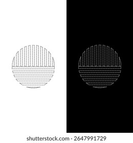 Vector drawing horizontal and vertical stripes in circle, dotted line color black and white flat style