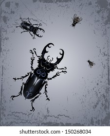 Vector drawing of horned beetles and flies.