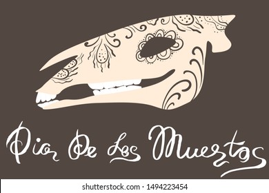 Vector drawing of horse skull in traditional pattern for the celebration of the Day of the Dead in Mexico and other countries. Silhouette of a horse skull is decorated with patterns and carvings.