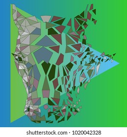 Vector drawing of a horse's head in polygon performance dismantled in the blue-green background in square and triangle.