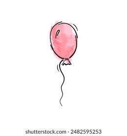 Vector drawing of a hot air balloon. Modern hand drawn, doodle and red pink watercolor style isolated on white background. Design element for birthday card, wedding card, sticker