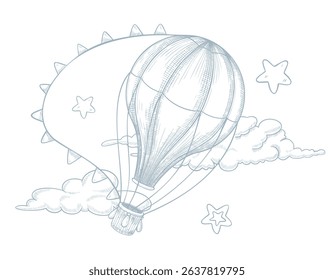 Vector drawing of hot air Balloon among clouds and stars with garlands. Linear illustration of aircraft for nursery posters or Baby shower invitations. Etching of aerostat for childish greeting cards.