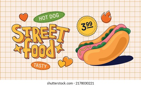 Vector drawing hot dog in bright colors on a light background. Text block with sticker in retro style. Freehand drawings on the background.