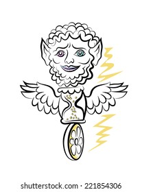 Vector drawing of hourglass with wings and with human head. Vintage symbol of transience of time. Tempus fugit. Passing time. Hourglass.